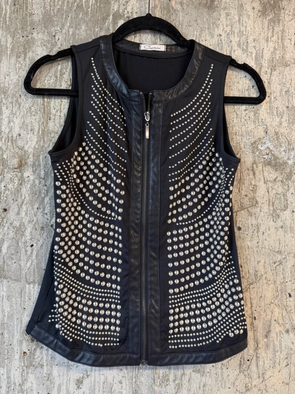 CARMIN Women's Studded Faux Leather Trim Zip Up Vest Size S In Black